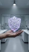 Holographic cybersecurity shield floating above open palm in modern laboratory setting representing data protection and digital security technology.