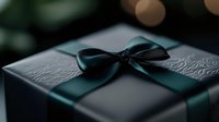 Elegant dark gift box with emerald green satin ribbon bow against blurred bokeh background. Luxurious present wrapping for special occasions and holidays.