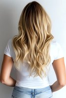 Back view of long wavy blonde hair with natural balayage highlights on woman wearing white t-shirt and jeans against light background, showing modern hairstyling.