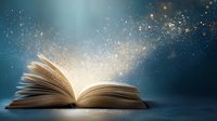 Magical open book with glowing light and sparkling stardust rising from pages against dark blue background, creating mystical atmosphere for fantasy and education concepts.
