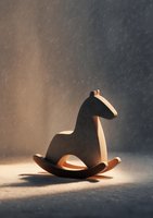 Wooden rocking horse toy in minimalist design illuminated by warm sunlight against textured gray background.