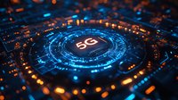 Glowing 5G symbol with circular digital elements and orange light effects on dark background, representing wireless network technology and connectivity advancement.