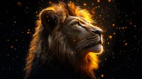Majestic lion head profile against dark background with glowing orange particles and backlit mane creating dramatic lighting effect for wildlife and nature designs.