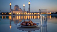 Dates and water glass on plate against illuminated mosque reflection during sunset, creating peaceful Ramadan ambiance with bokeh lights and calm water surface.