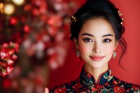 Young Asian woman in traditional red qipao dress with floral embroidery smiling against red background with cherry blossoms and bokeh lights for lunar new year celebration.