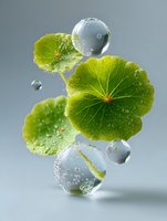 Fresh green leaves floating with transparent water bubbles on clean background for natural skincare and wellness concepts.