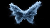 Ethereal butterfly silhouette formed by swirling blue powder particles and smoke against black background, creating magical atmospheric effect.