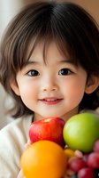 Adorable Asian toddler girl smiling while holding colorful fresh fruits including apples, orange and grapes for healthy eating and nutrition concept.