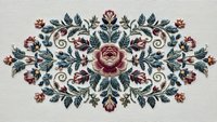 Vintage floral embroidery pattern with roses and leaves in traditional folk art style on fabric background for textile design and crafts.