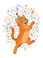 Cheerful orange tabby cat wearing party hat jumping with paws up surrounded by colorful confetti, streamers and stars on white background. Isolated clipart for celebrations.