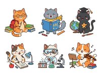 Cartoon cats engaged in various educational and creative activities, isolated on white background. Suitable for children's books, educational materials, stickers, t-shirt designs, and classroom decor.
