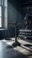 Ornate bronze scales of justice on wooden desk in law office with books and dramatic window lighting for legal and attorney concepts.