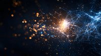 Glowing blue network connections with bright orange particles and light burst on dark background, representing digital transformation and neural networks.