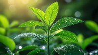 Fresh green plant leaves covered with morning dew drops against blurred natural background. Macro photography captures water droplets on foliage in sunlight.