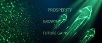 Upward trending arrows with prosperity, growth, and future gains text on dark background with green glowing particles and light effects.
