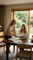 Senior Caucasian woman and young Caucasian woman collaborating on business documents with laptop at home office table near window for mentorship concept.