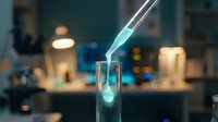 Laboratory pipette dropping blue liquid into test tube during scientific research experiment in modern lab setting.