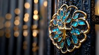Ornate golden brooch with turquoise crystals in floral pattern against dark background with soft bokeh lights creating elegant vintage atmosphere.