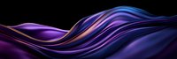 Flowing abstract waves in deep purple and blue create dynamic movement against black background, featuring smooth glossy curves and light reflections.