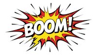 Comic book explosion burst with BOOM text in bold letters featuring red and yellow starburst design with radiating lines on white background.