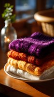 Stack of cozy knitted sweaters in autumn colors - purple, orange, and white - on wooden table with soft window light and glass vase decoration.