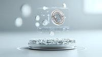 Futuristic cryptocurrency concept with floating silver bitcoin and digital elements on light background, modern financial technology visualization.