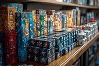 Colorful board game boxes arranged on wooden retail shelf, featuring fantasy and adventure themes with detailed artwork and decorative patterns in blue and gold tones.
