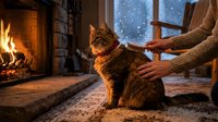 Cozy winter evening scene with orange tabby cat being petted by person in warm sweater near crackling fireplace while snow falls outside window.