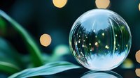 Delicate soap bubble floating above green leaves captures magical bokeh lights, creating dreamy atmosphere for nature and fantasy concepts.