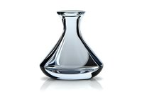 Clear glass decanter with elegant wide base and narrow neck on white background, isolated crystal carafe showing reflective surface and sophisticated design.