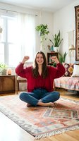 Happy young woman celebrating success sitting cross-legged on living room floor with arms raised in victory gesture surrounded by houseplants and boho decor.