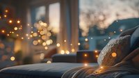 Cozy winter evening atmosphere with warm glowing fairy lights and soft blanket by window, creating magical bokeh effect and peaceful holiday ambiance.