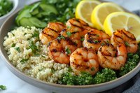 Grilled shrimp with charred marks served on bed of herbed quinoa and steamed broccoli, garnished with fresh lemon slices and parsley for healthy meal.