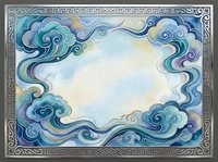 Watercolor Chinese clouds frame in blue and teal tones with silver ornamental border, copy space center for text or design.