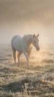 White horse standing in misty pasture at sunrise, backlit by golden sunlight filtering through fog. Suitable for equestrian, nature, and wellness design projects.