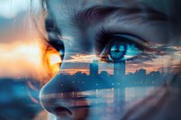 Surreal double exposure portrait combining female face with intense blue eyes and urban sunset skyline, creating dreamy atmospheric mood with orange and blue tones.