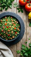 Fresh tabbouleh salad with parsley, tomatoes and bulgur wheat in dark bowl on rustic wooden table with herbs and vegetables for healthy Mediterranean cuisine.