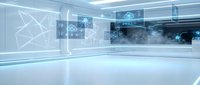 Futuristic digital control room with holographic displays and data visualization screens in modern tech environment for business presentations.