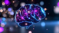 Glowing brain silhouette with blue and purple particle network effect on dark background with bokeh lights, representing artificial intelligence and neuroscience.