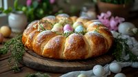 Traditional Easter bread wreath decorated with colorful eggs and fresh herbs on wooden board, surrounded by spring flowers and pastel decorations in rustic setting.