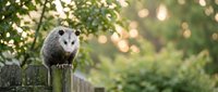 Cute opossum sitting on wooden fence post in backyard garden with warm bokeh lights and green foliage creating peaceful wildlife scene for nature photography.