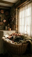 Tabby cat sleeping curled in a wicker basket with cozy blankets in a rustic stone cottage kitchen with copper pots and linen curtains.