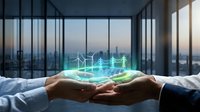Hands holding glowing renewable energy hologram with wind turbines and city skyline, sustainable business and green technology concept for corporate presentations.