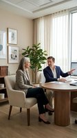 Professional business meeting between mature Caucasian woman and middle-aged Caucasian man in modern office discussing strategy and collaboration.