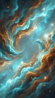 Cosmic nebula with swirling turquoise and golden clouds, glowing stars, and ethereal gas formations creating an abstract space scene for astronomy and science backgrounds.