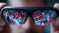 Futuristic cityscape reflection in sunglasses with neon pink and blue lights creating cyberpunk urban view through dark lens at night. Modern metropolitan lifestyle concept.
