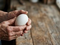Farmer's hands holding fresh white egg over rustic wooden surface, representing organic agriculture and farm-to-table food production.