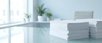 Clean modern office desk with stacked white papers and documents in bright workspace with plants and laptop for business productivity and organization.