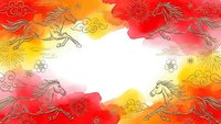 Chinese New Year watercolor frame with golden horses, fireworks and clouds on red yellow gradient background for festive greeting cards and decorations.