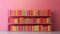Colorful books arranged on floating shelves against pink wall creating rainbow gradient from red to yellow, modern minimalist library interior design.